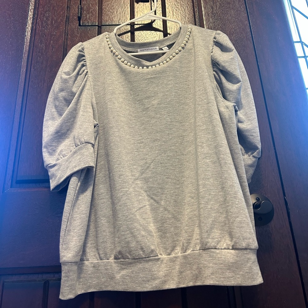 Notations Gray Top with Pearl Accents